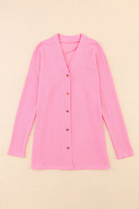 Pink Waffle Knit Button Up V-Neck Cardigan