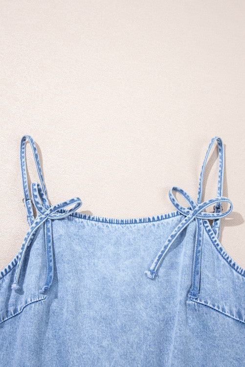 Light Wash Spaghetti Straps Ruffled Denim Sun Dress