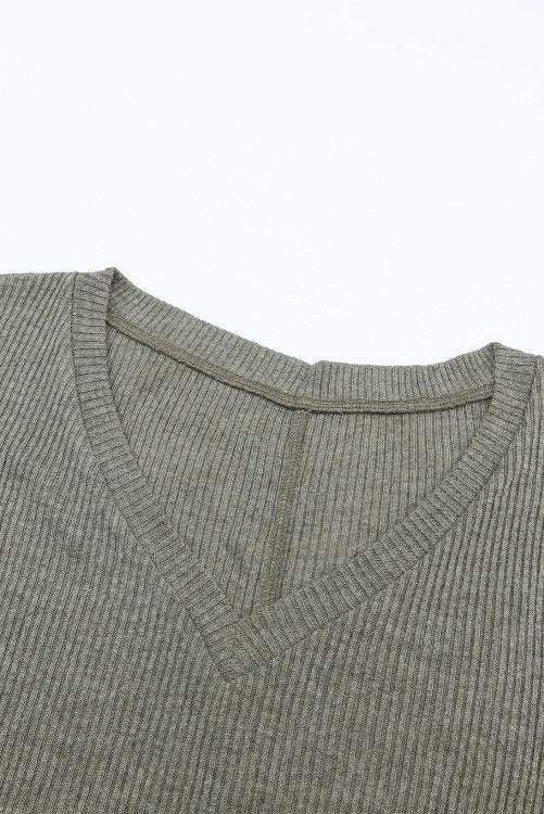 Olive V-neck Long-sleeve Ribbed Knit Top