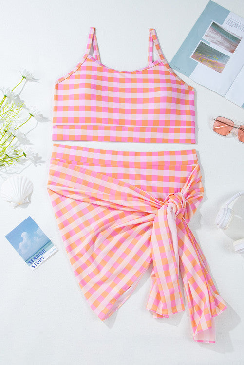 Pink Coral Plaid High Waist Bottom Bikini Top & Sarong 3-Piece Set