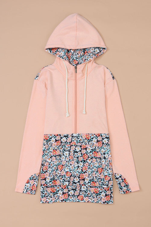 Peachy Pink Daisy Print Half Zip Lightweight Hoodie