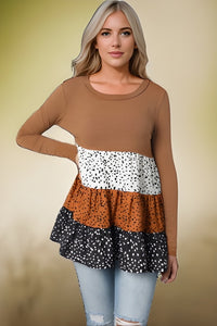 Brown Ribbed Knit Dotted Ruffly Silky Babydoll Top