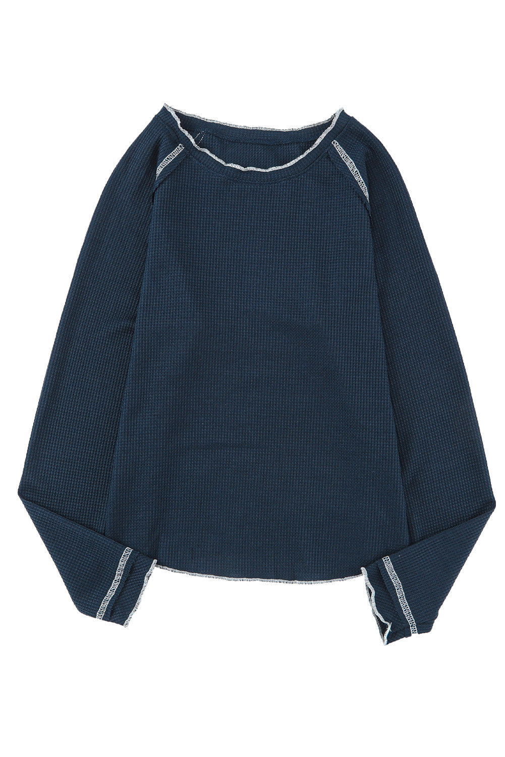 Navy Blue Long Sleeve Exposed Seam Lightweight Waffle Knit Top
