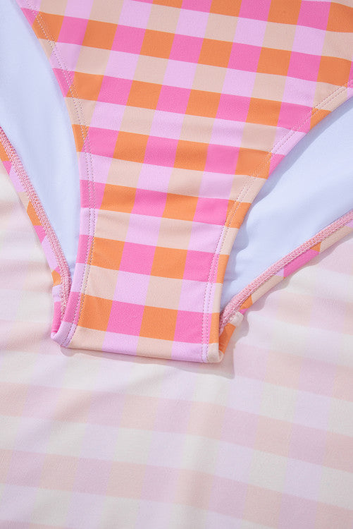 Pink Coral Plaid High Waist Bottom Bikini Top & Sarong 3-Piece Set