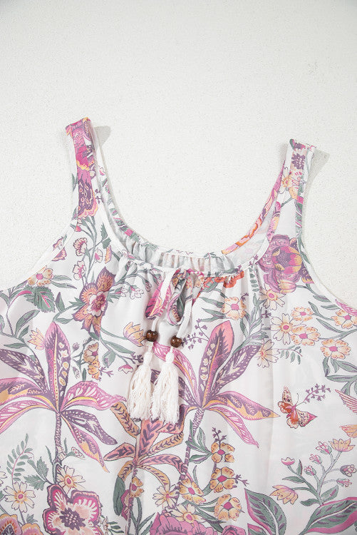 Pink Floral Scoop Neck Fringed Tie Sleeveless Mini Dress