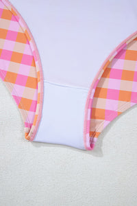 Pink Coral Plaid High Waist Bottom Bikini Top & Sarong 3-Piece Set