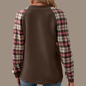 Dark Brown Quilted Crewneck Sweatshirt with Plaid Raglan Sleeves