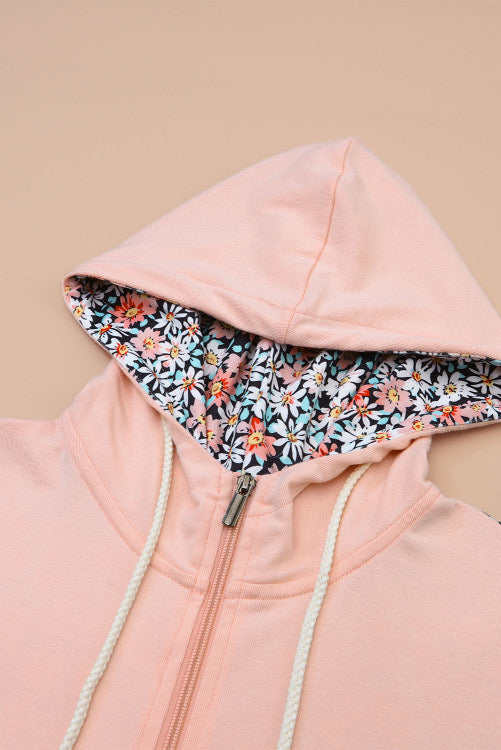 Peachy Pink Daisy Print Half Zip Lightweight Hoodie