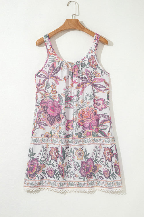 Pink Floral Scoop Neck Fringed Tie Sleeveless Mini Dress