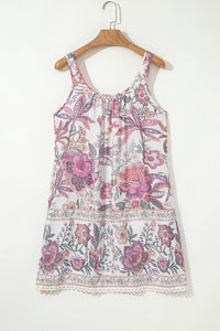 Pink Floral Scoop Neck Fringed Tie Sleeveless Mini Dress
