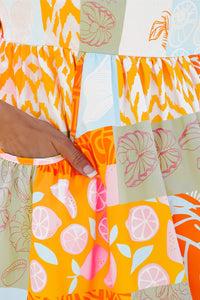 Orange Summer Life  Patchwork Print Tie Strap Sundress