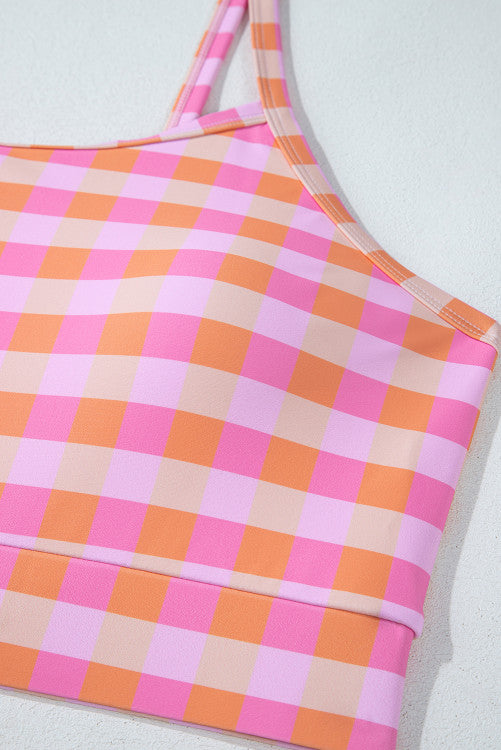 Pink Coral Plaid High Waist Bottom Bikini Top & Sarong 3-Piece Set