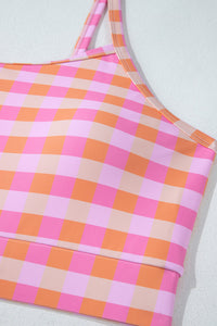 Pink Coral Plaid High Waist Bottom Bikini Top & Sarong 3-Piece Set