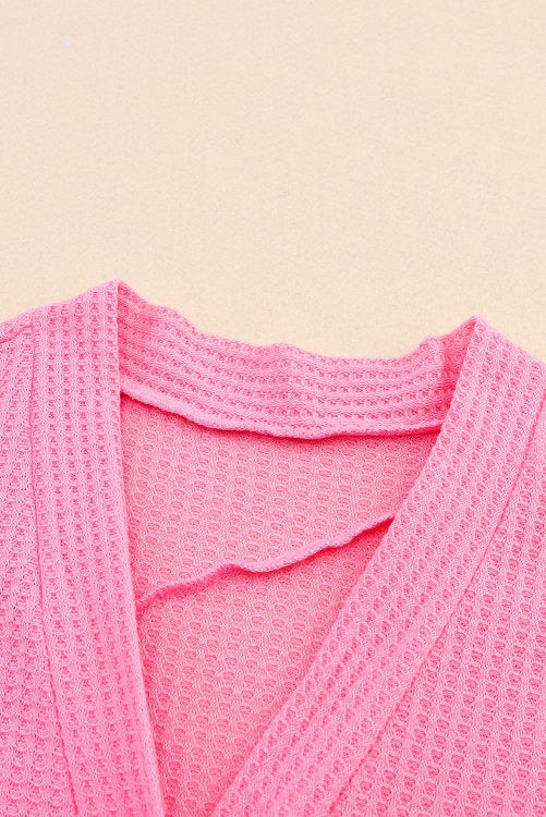 Pink Waffle Knit Button Up V-Neck Cardigan