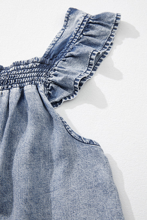 Medium Wash Ruffled Smock Neckline Sleeveless Denim Tank Top