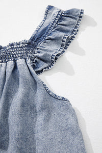 Medium Wash Ruffled Smock Neckline Sleeveless Denim Tank Top