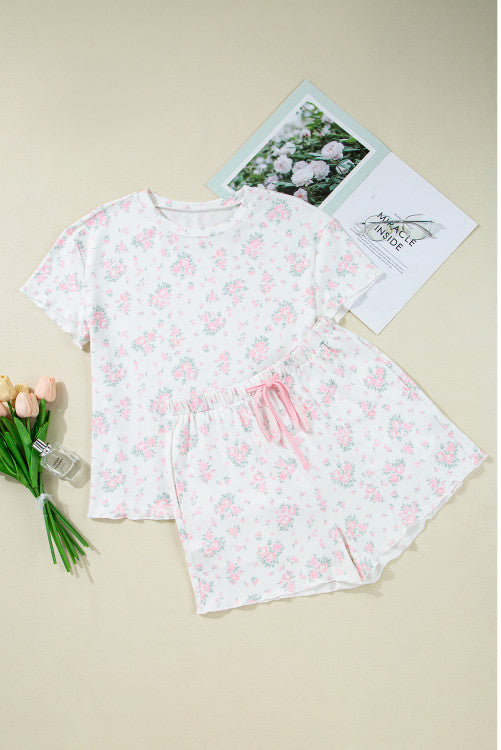 Pink Delicate Floral Ribbed Knit Tee and Shorts Lounge Set