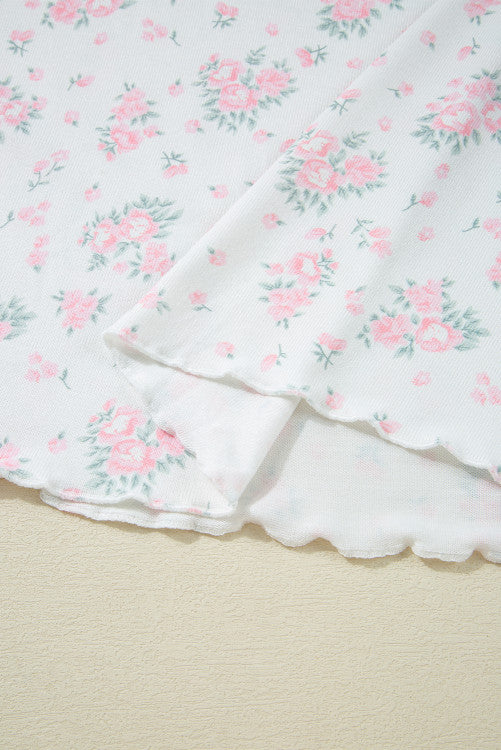 Pink Delicate Floral Ribbed Knit Tee and Shorts Lounge Set