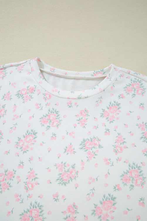 Pink Delicate Floral Ribbed Knit Tee and Shorts Lounge Set