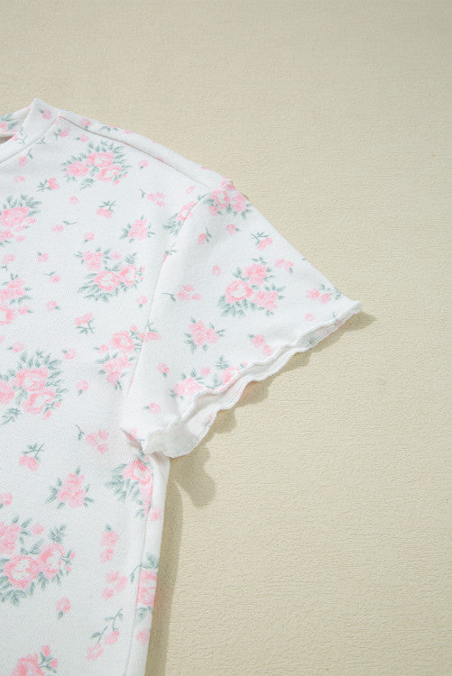Pink Delicate Floral Ribbed Knit Tee and Shorts Lounge Set