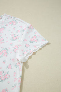 Pink Delicate Floral Ribbed Knit Tee and Shorts Lounge Set