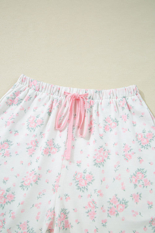Pink Delicate Floral Ribbed Knit Tee and Shorts Lounge Set