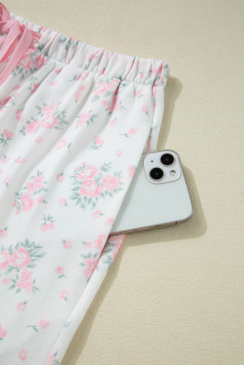 Pink Delicate Floral Ribbed Knit Tee and Shorts Lounge Set