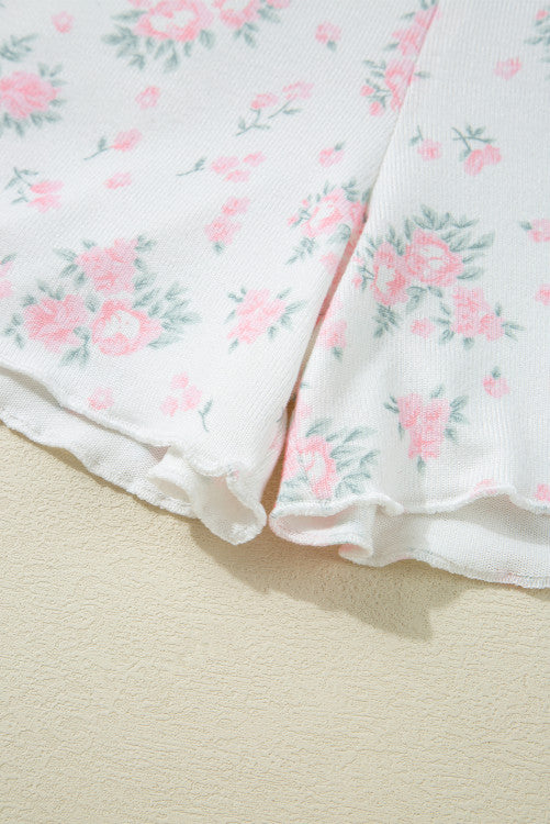 Pink Delicate Floral Ribbed Knit Tee and Shorts Lounge Set
