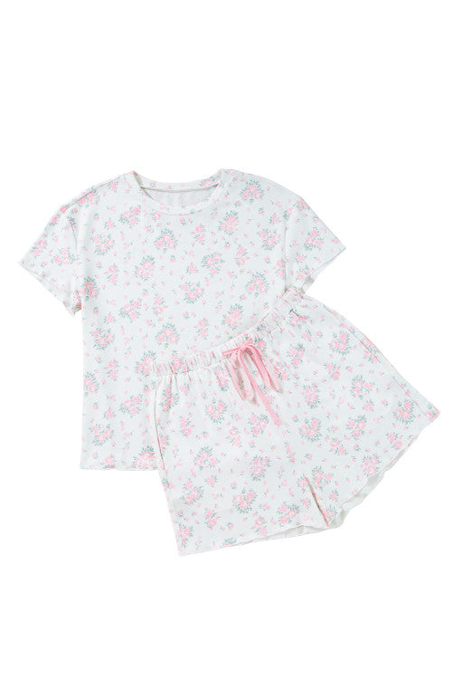 Pink Delicate Floral Ribbed Knit Tee and Shorts Lounge Set