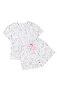 Pink Delicate Floral Ribbed Knit Tee and Shorts Lounge Set