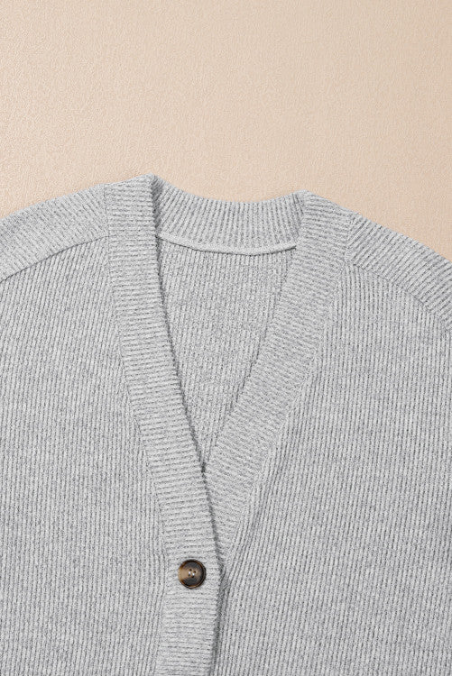 Light Grey 3-Piece Ribbed Knit Crop Camisole Matching Shorts and Cardigan Lounge Set