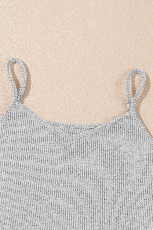 Light Grey 3-Piece Ribbed Knit Crop Camisole Matching Shorts and Cardigan Lounge Set