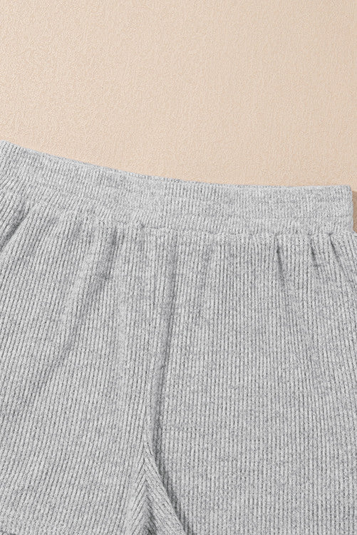 Light Grey 3-Piece Ribbed Knit Crop Camisole Matching Shorts and Cardigan Lounge Set