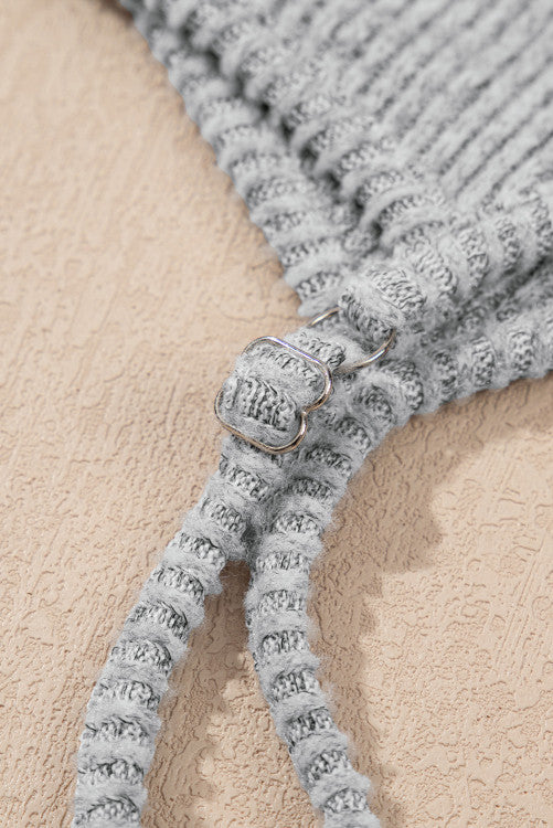 Light Grey 3-Piece Ribbed Knit Crop Camisole Matching Shorts and Cardigan Lounge Set
