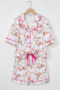 White and Bright Pink Contrast Cowgirl Country Print Pajama Lounge Set
