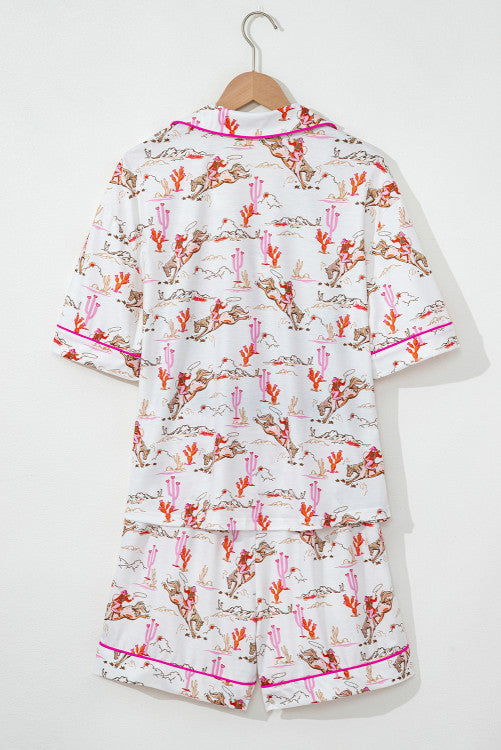 White and Bright Pink Contrast Cowgirl Country Print Pajama Lounge Set