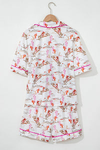White and Bright Pink Contrast Cowgirl Country Print Pajama Lounge Set