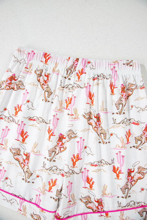 White and Bright Pink Contrast Cowgirl Country Print Pajama Lounge Set