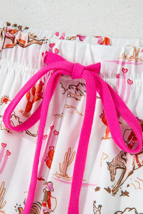 White and Bright Pink Contrast Cowgirl Country Print Pajama Lounge Set