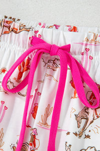 White and Bright Pink Contrast Cowgirl Country Print Pajama Lounge Set