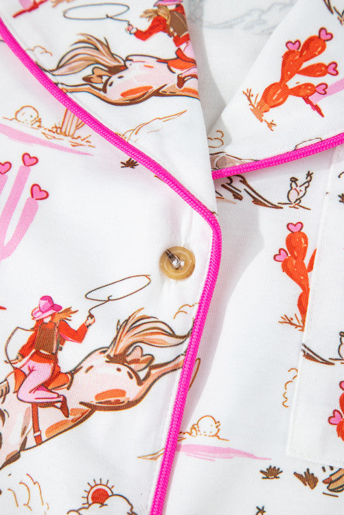 White and Bright Pink Contrast Cowgirl Country Print Pajama Lounge Set