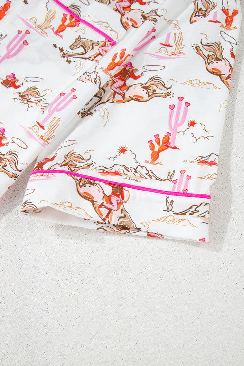 White and Bright Pink Contrast Cowgirl Country Print Pajama Lounge Set