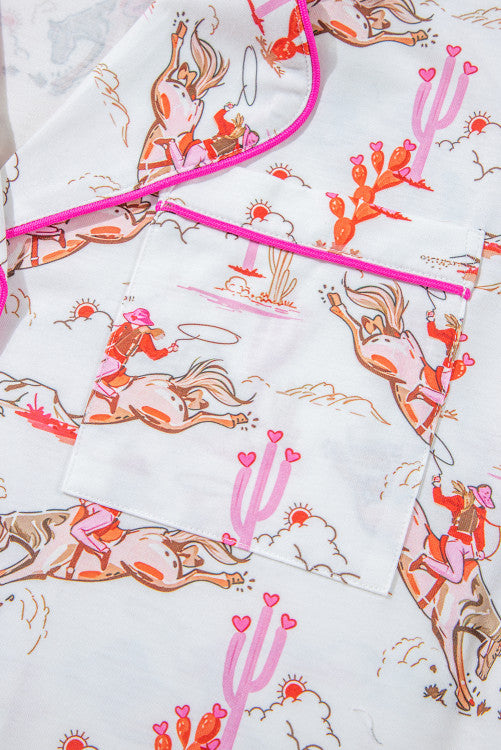 White and Bright Pink Contrast Cowgirl Country Print Pajama Lounge Set