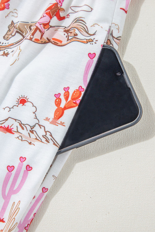 White and Bright Pink Contrast Cowgirl Country Print Pajama Lounge Set