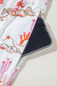 White and Bright Pink Contrast Cowgirl Country Print Pajama Lounge Set