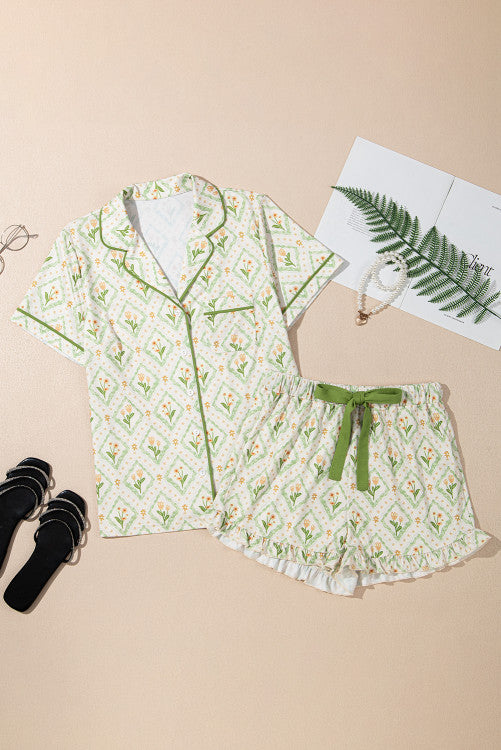 Green Spring Floral Print Button Up Top Short Pajama Lounge Set