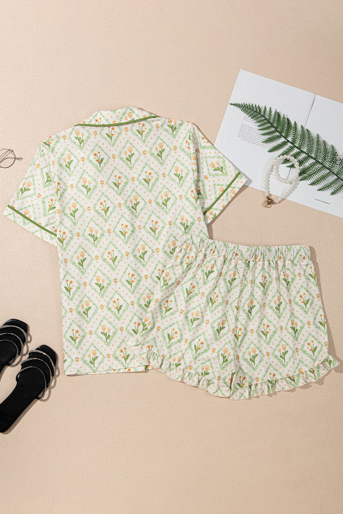 Green Spring Floral Print Button Up Top Short Pajama Lounge Set
