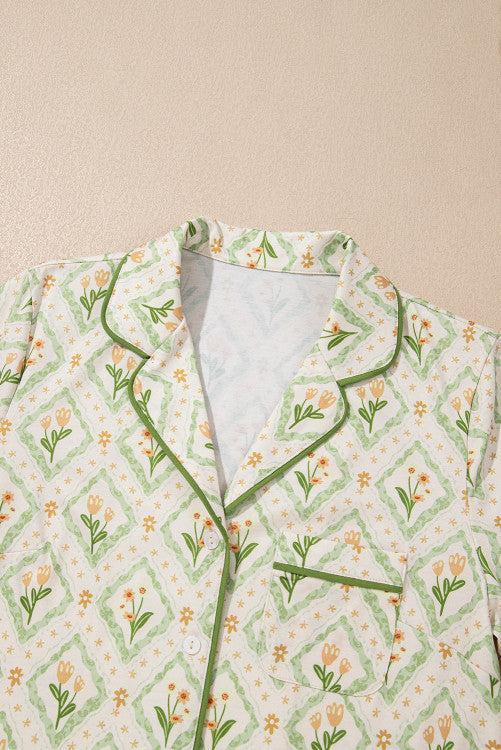 Green Spring Floral Print Button Up Top Short Pajama Lounge Set