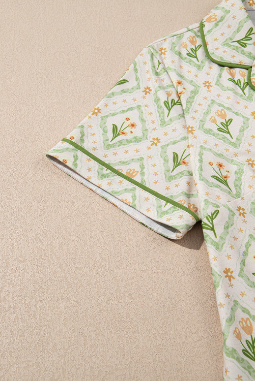 Green Spring Floral Print Button Up Top Short Pajama Lounge Set
