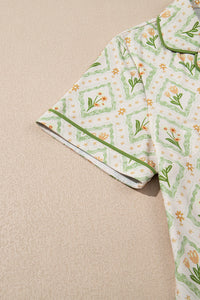 Green Spring Floral Print Button Up Top Short Pajama Lounge Set